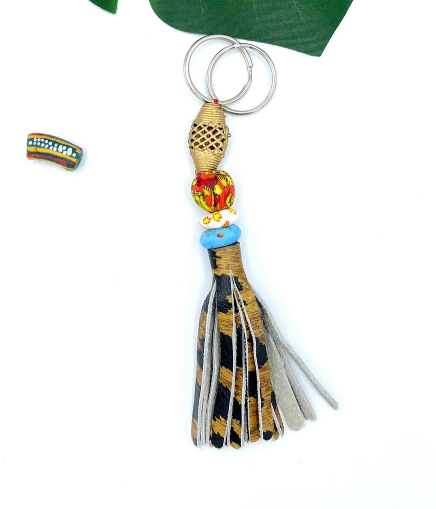 Elubo Recycled Beads Brass Leather Keychain