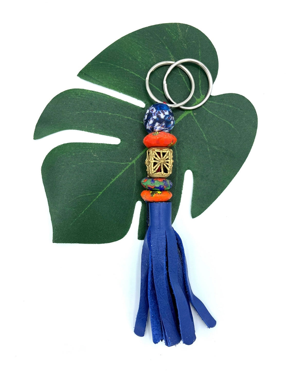 Dambai Recycled Beads Brass Leather Keychain