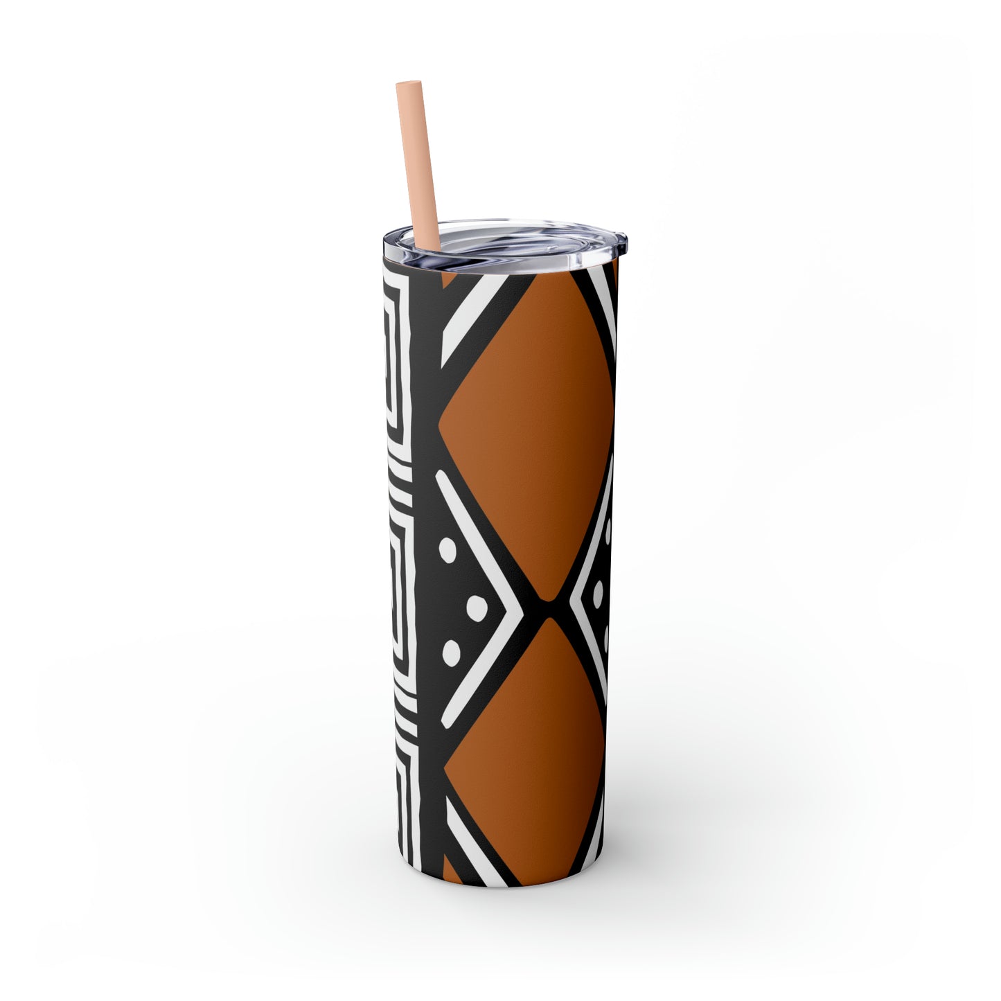 20 oz Black and Brown Mud Cloth Print Skinny Tumbler with Straw