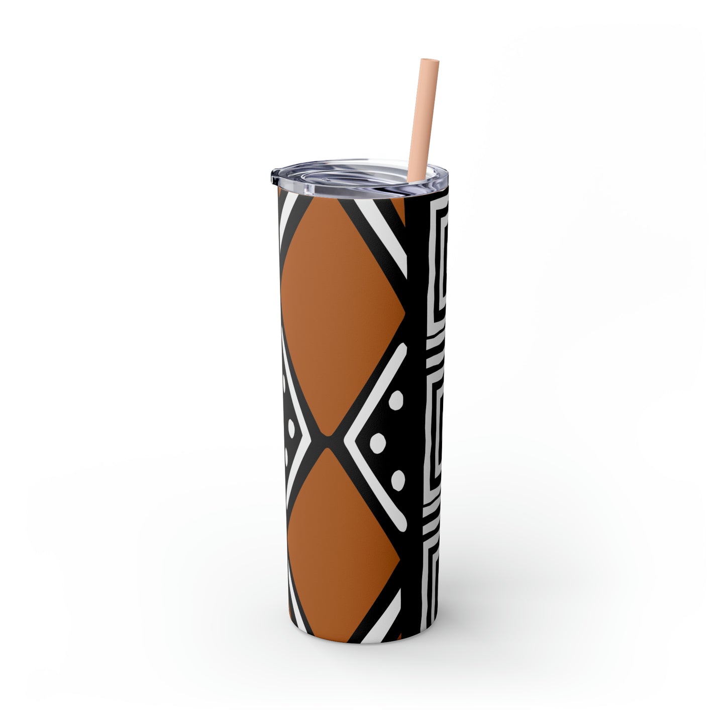 20 oz Black and Brown Mud Cloth Print Skinny Tumbler with Straw