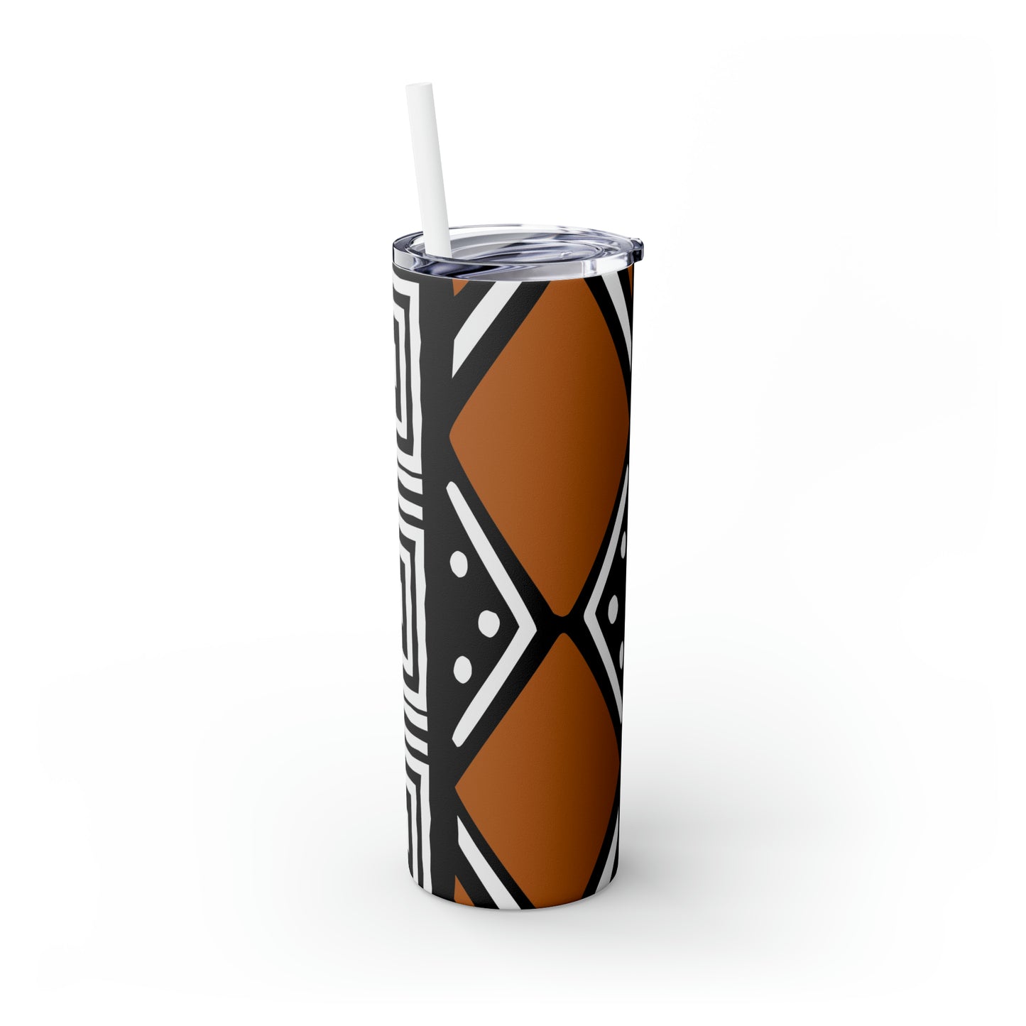 20 oz Black and Brown Mud Cloth Print Skinny Tumbler with Straw