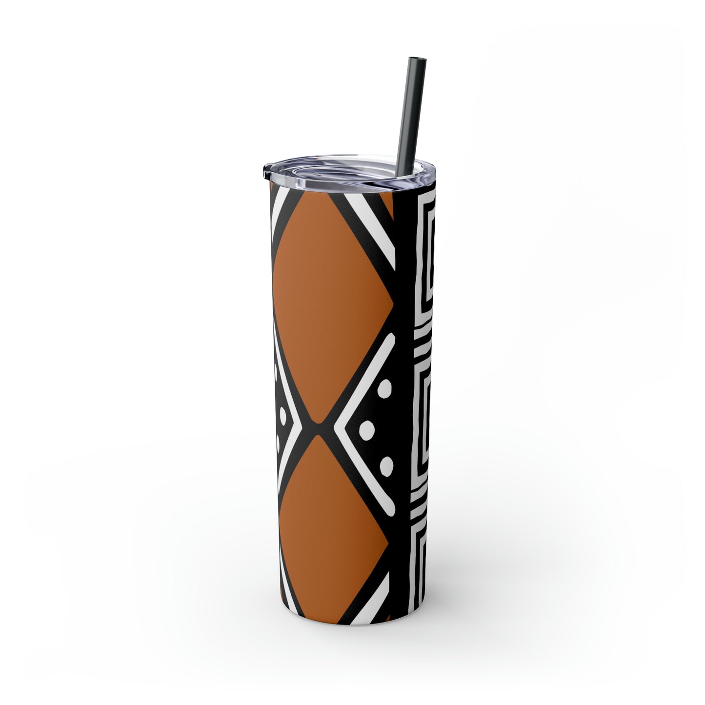 20 oz Black and Brown Mud Cloth Print Skinny Tumbler with Straw