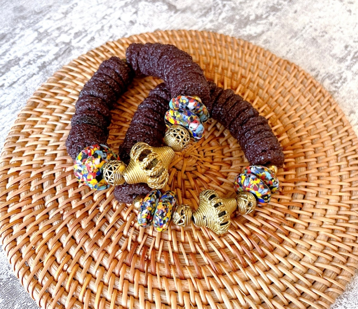 Asante Krobo Sugar Crust Glass Beads Ashanti Brass Bracelet