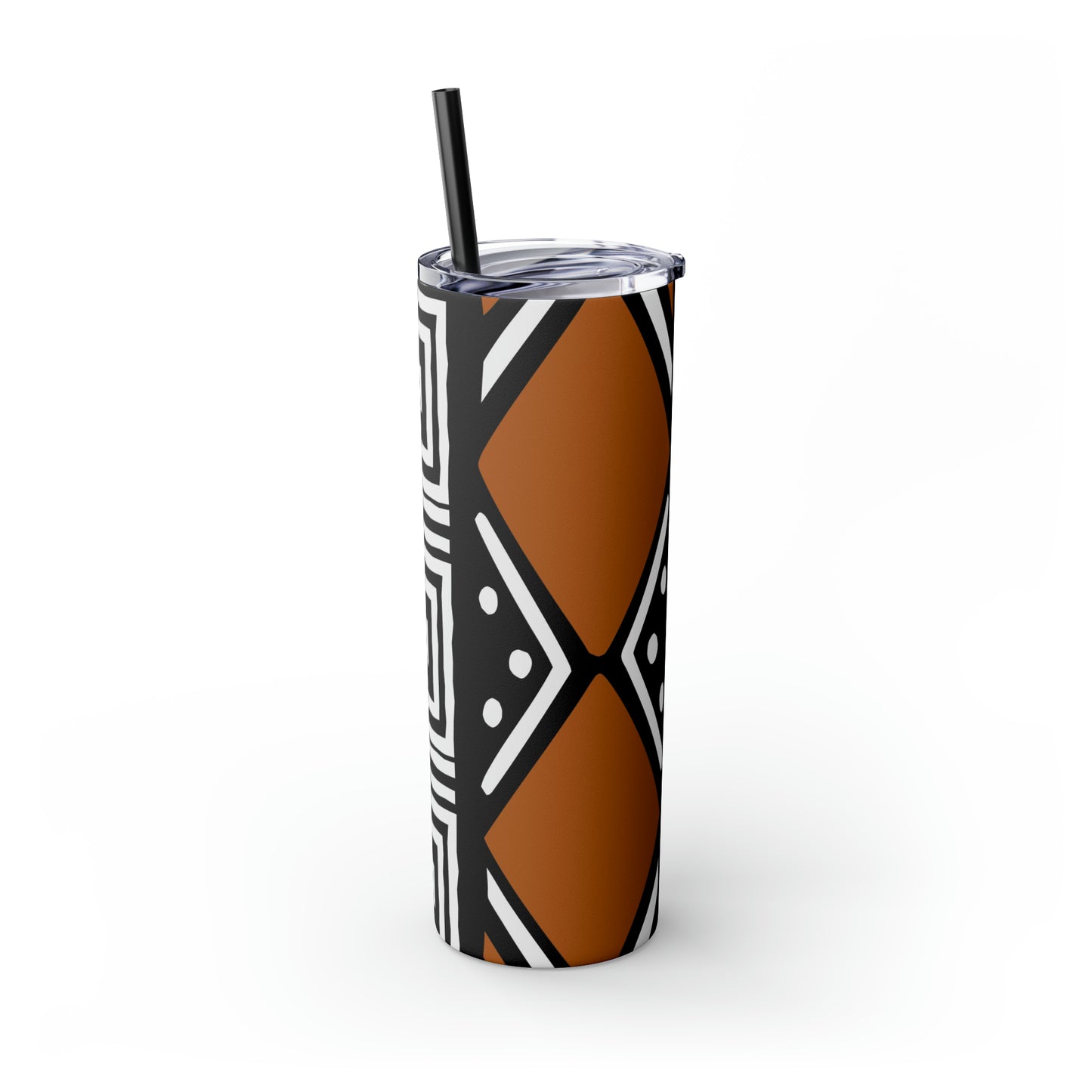 20 oz Black and Brown Mud Cloth Print Skinny Tumbler with Straw