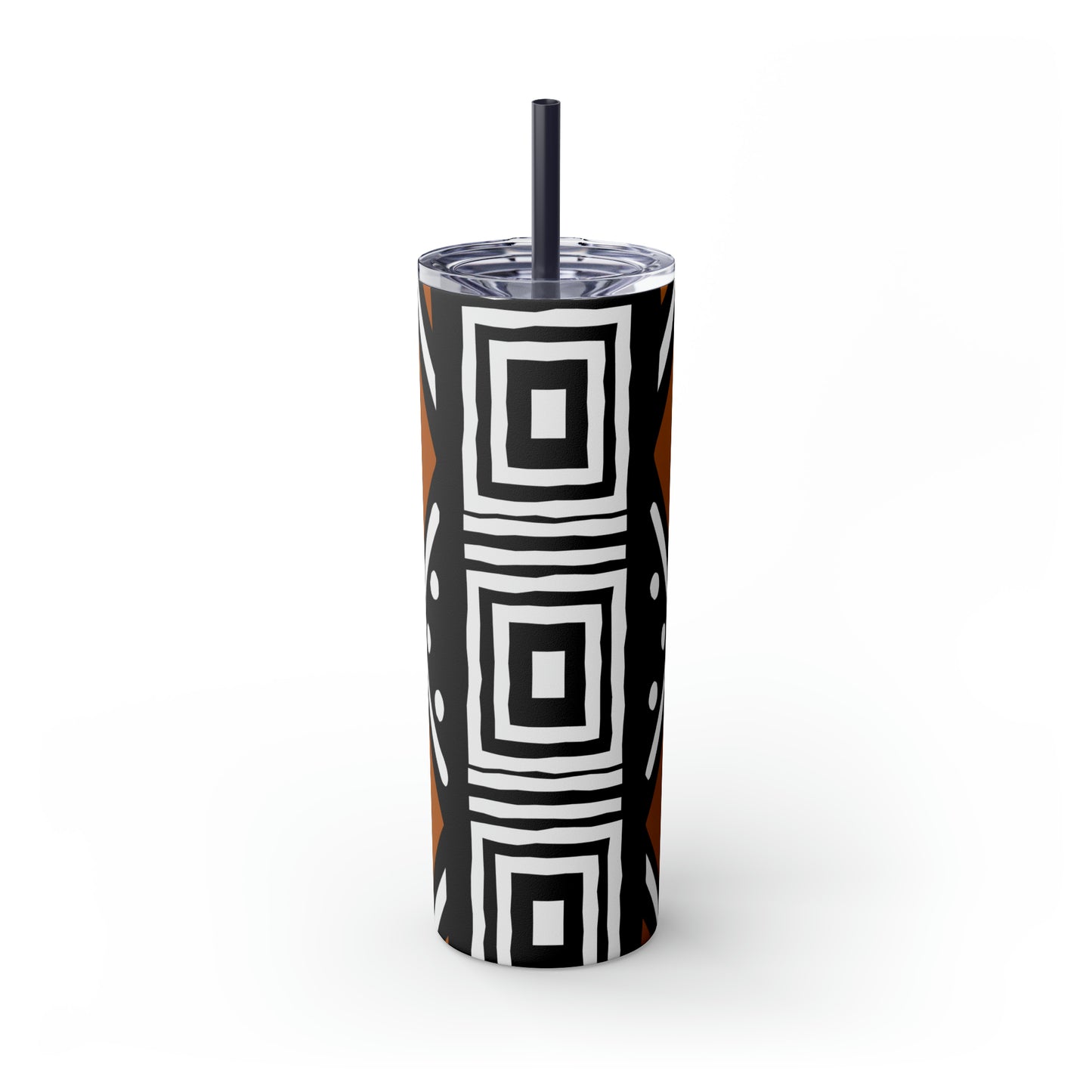 20 oz Black and Brown Mud Cloth Print Skinny Tumbler with Straw
