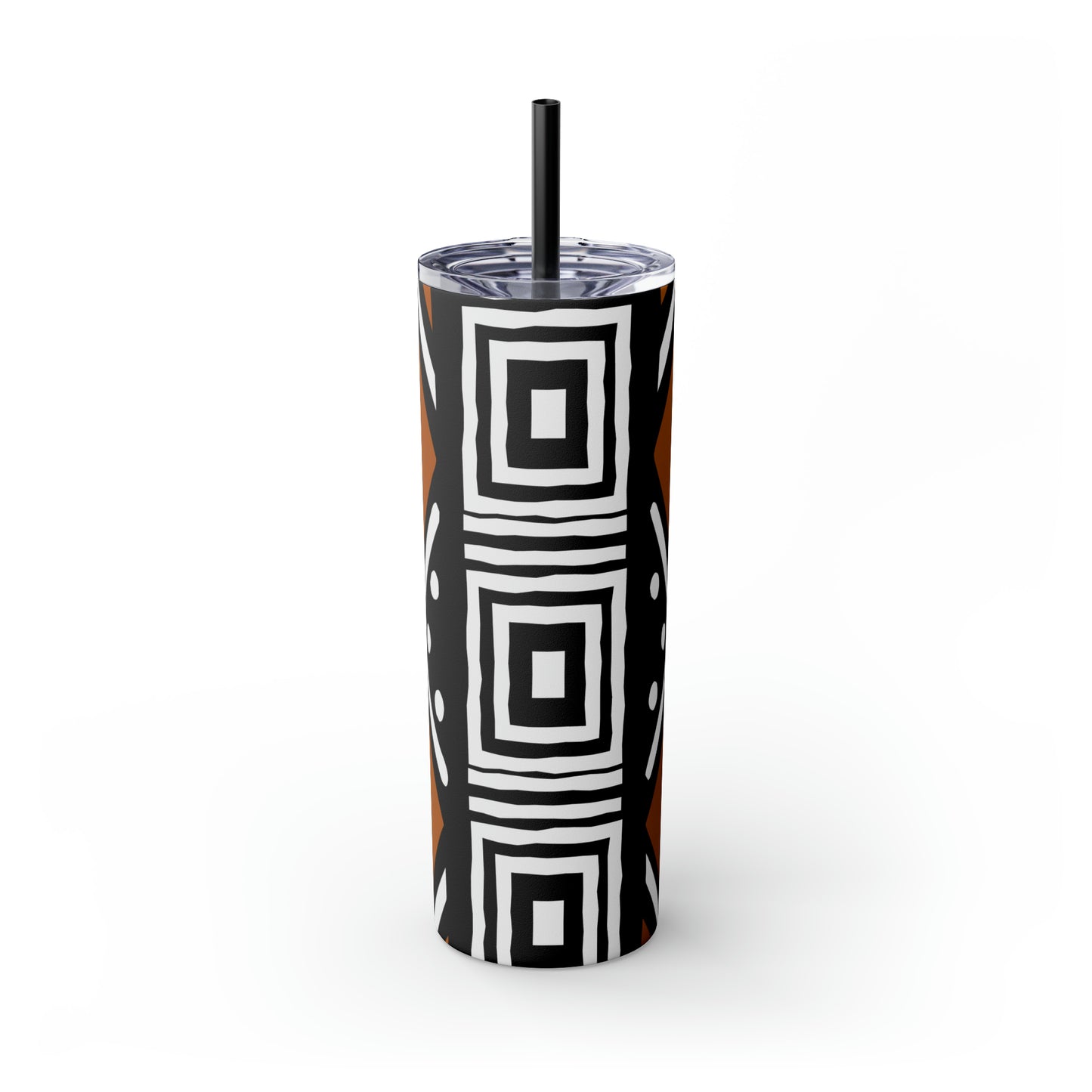 20 oz Black and Brown Mud Cloth Print Skinny Tumbler with Straw