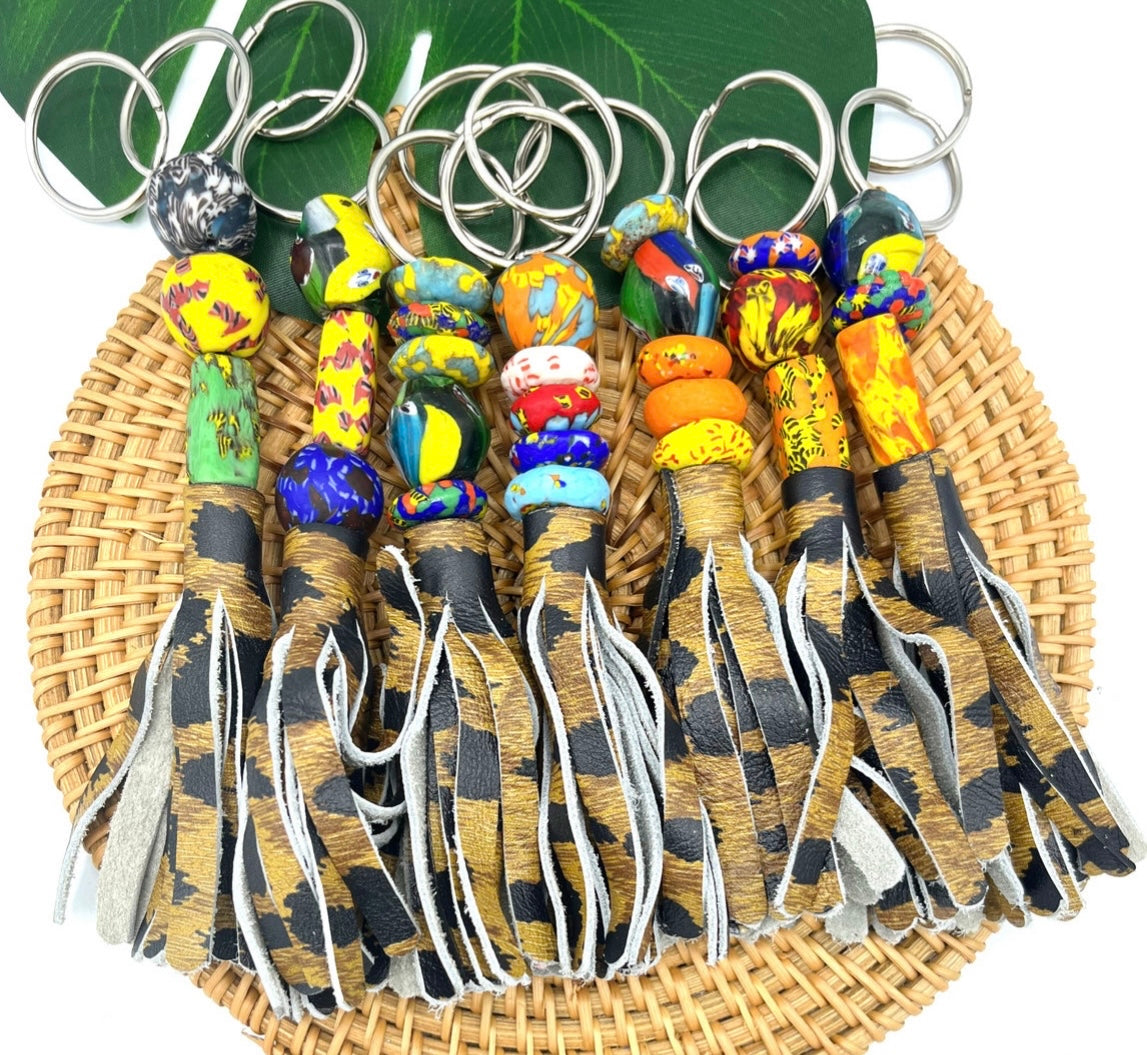 Elubo Recycled Beads Brass Leather Keychain