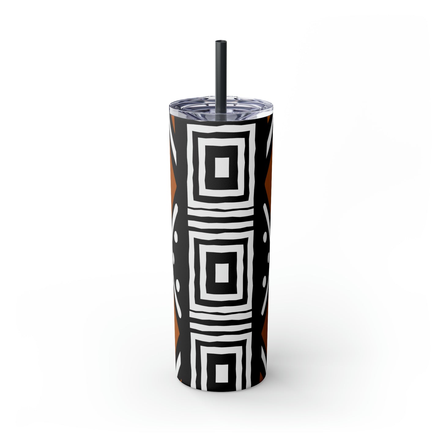 20 oz Black and Brown Mud Cloth Print Skinny Tumbler with Straw