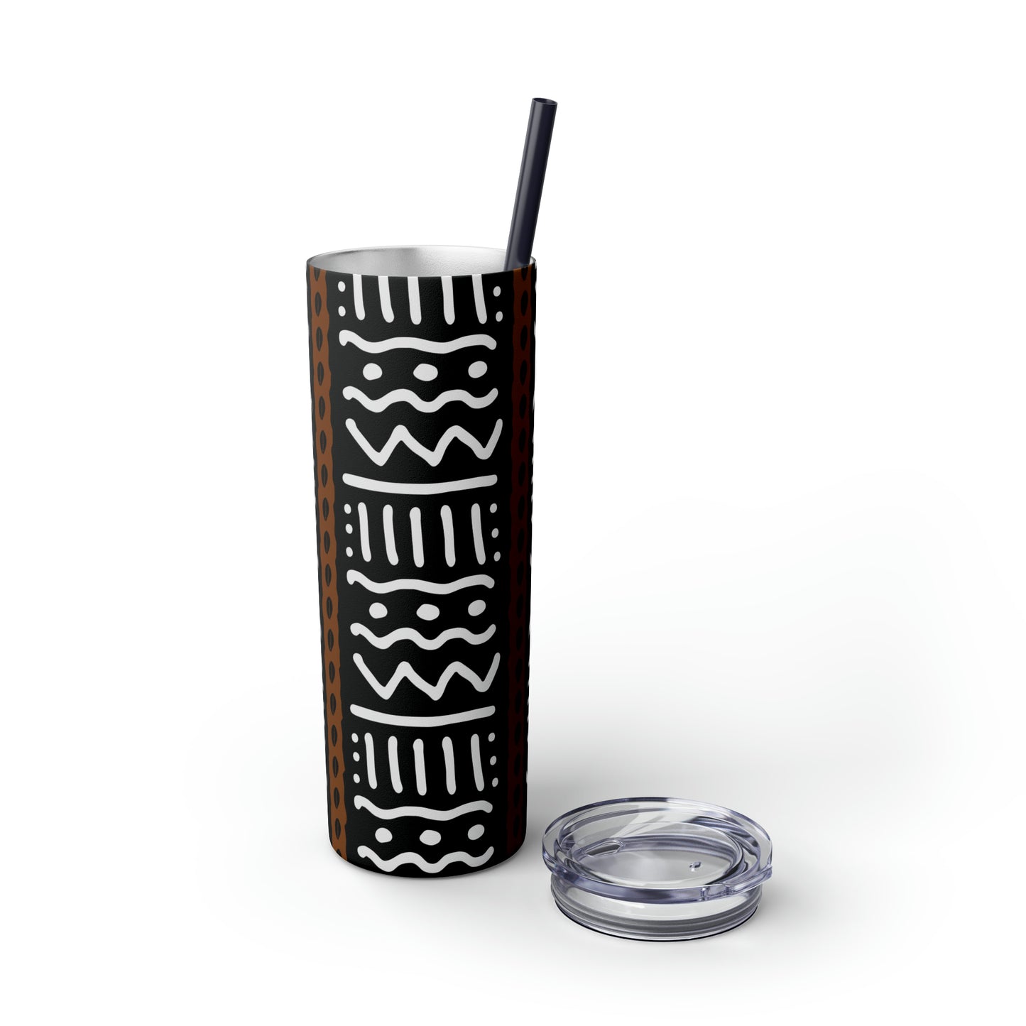 20 oz Black & White Mud Cloth Print Skinny Tumbler with Straw