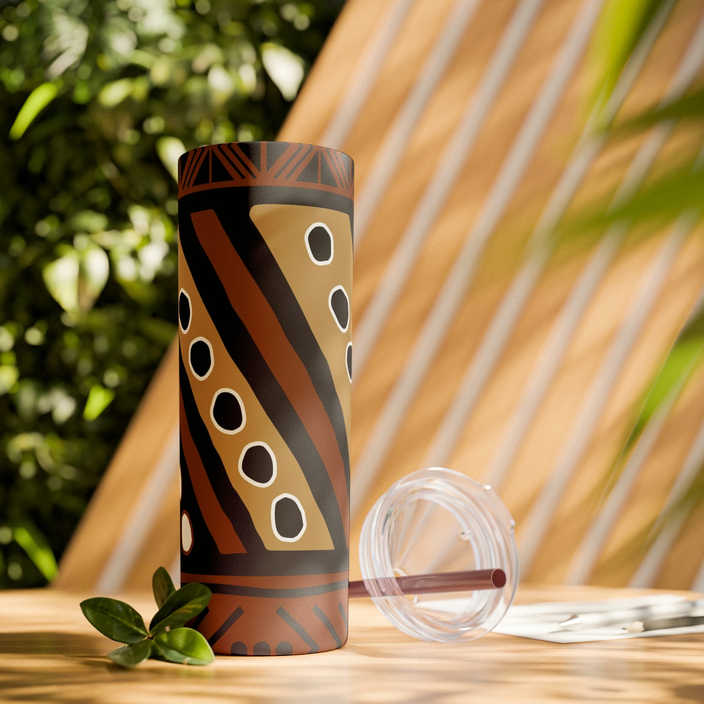 20 oz Brown & Tan Mud Cloth Print Skinny Tumbler with Straw