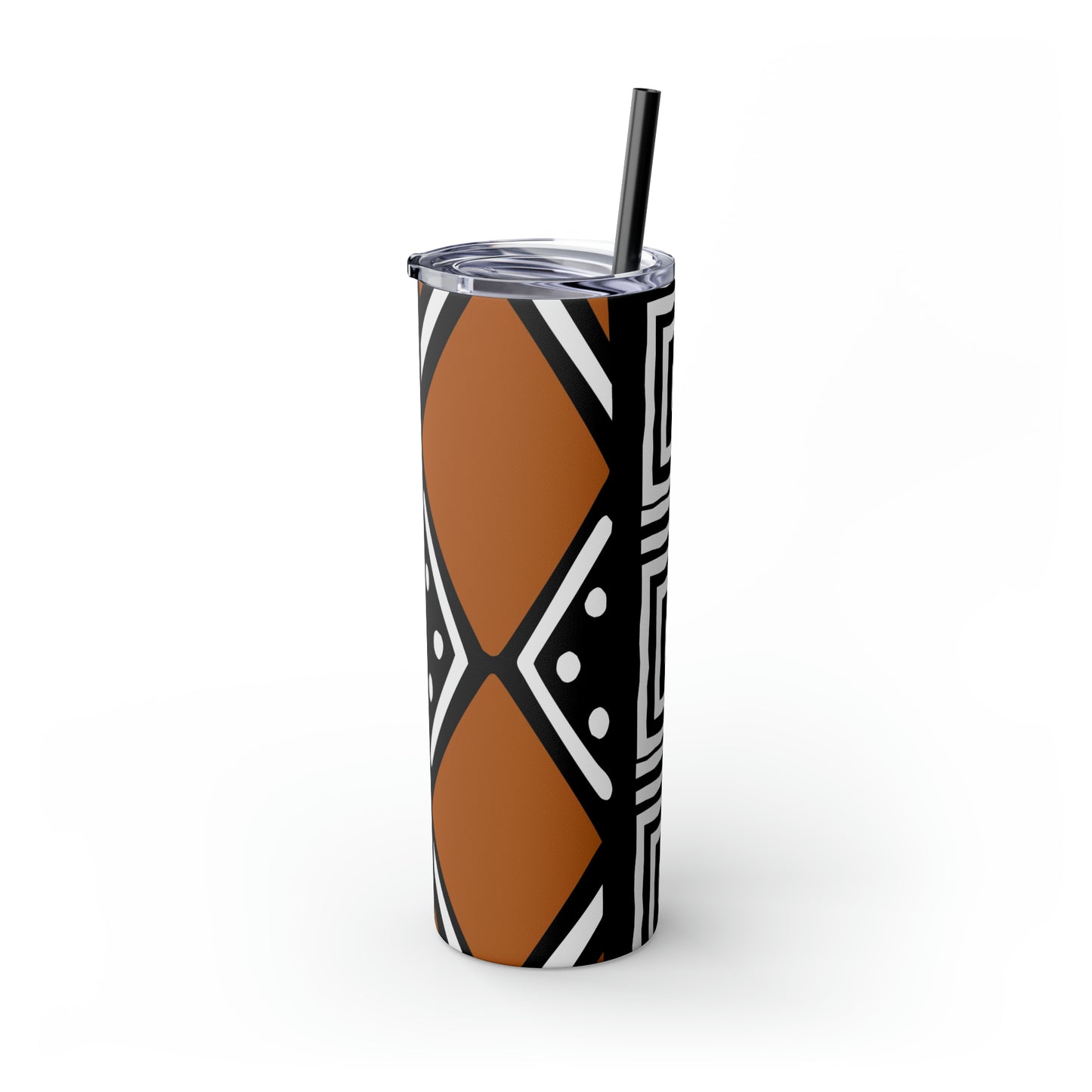 20 oz Black and Brown Mud Cloth Print Skinny Tumbler with Straw