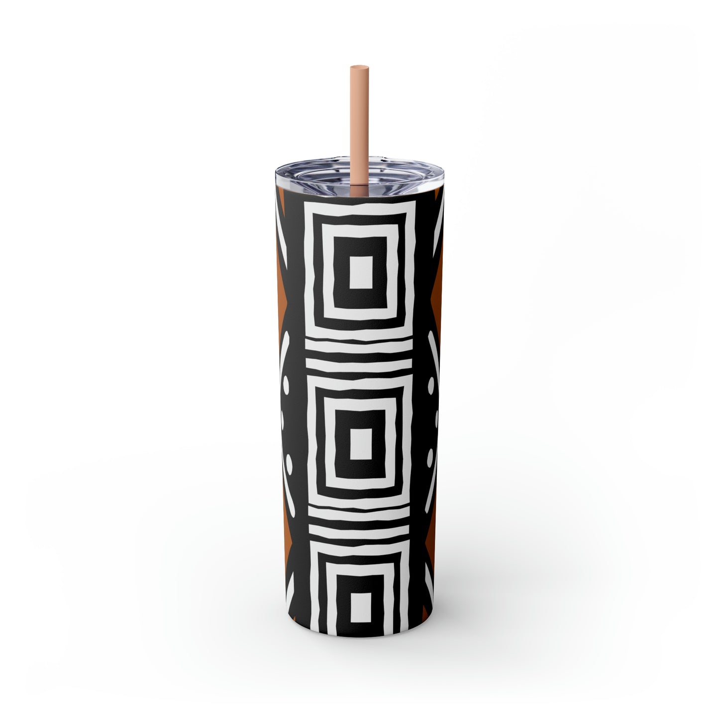 20 oz Black and Brown Mud Cloth Print Skinny Tumbler with Straw