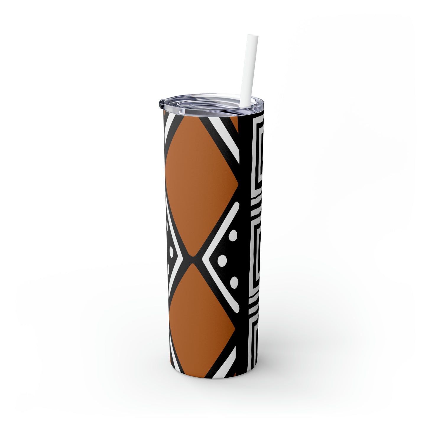 20 oz Black and Brown Mud Cloth Print Skinny Tumbler with Straw