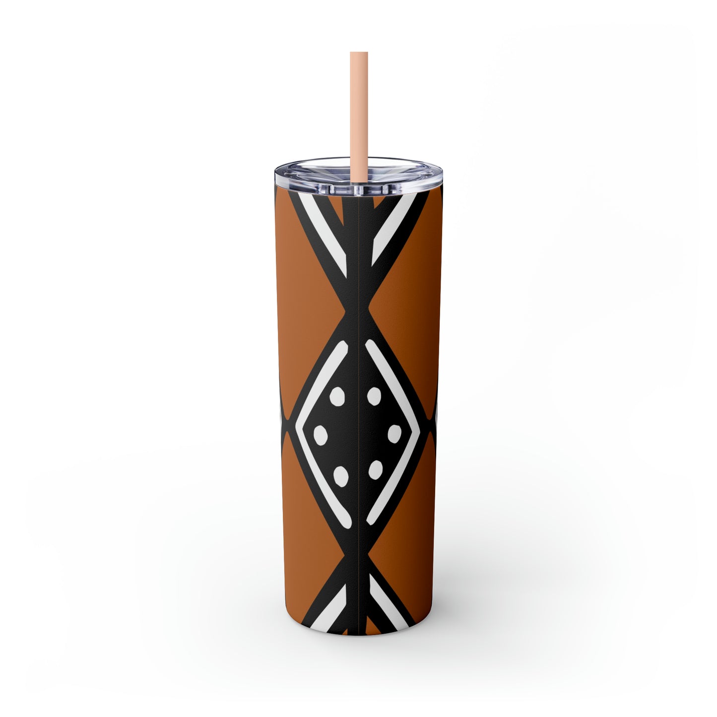 20 oz Black and Brown Mud Cloth Print Skinny Tumbler with Straw