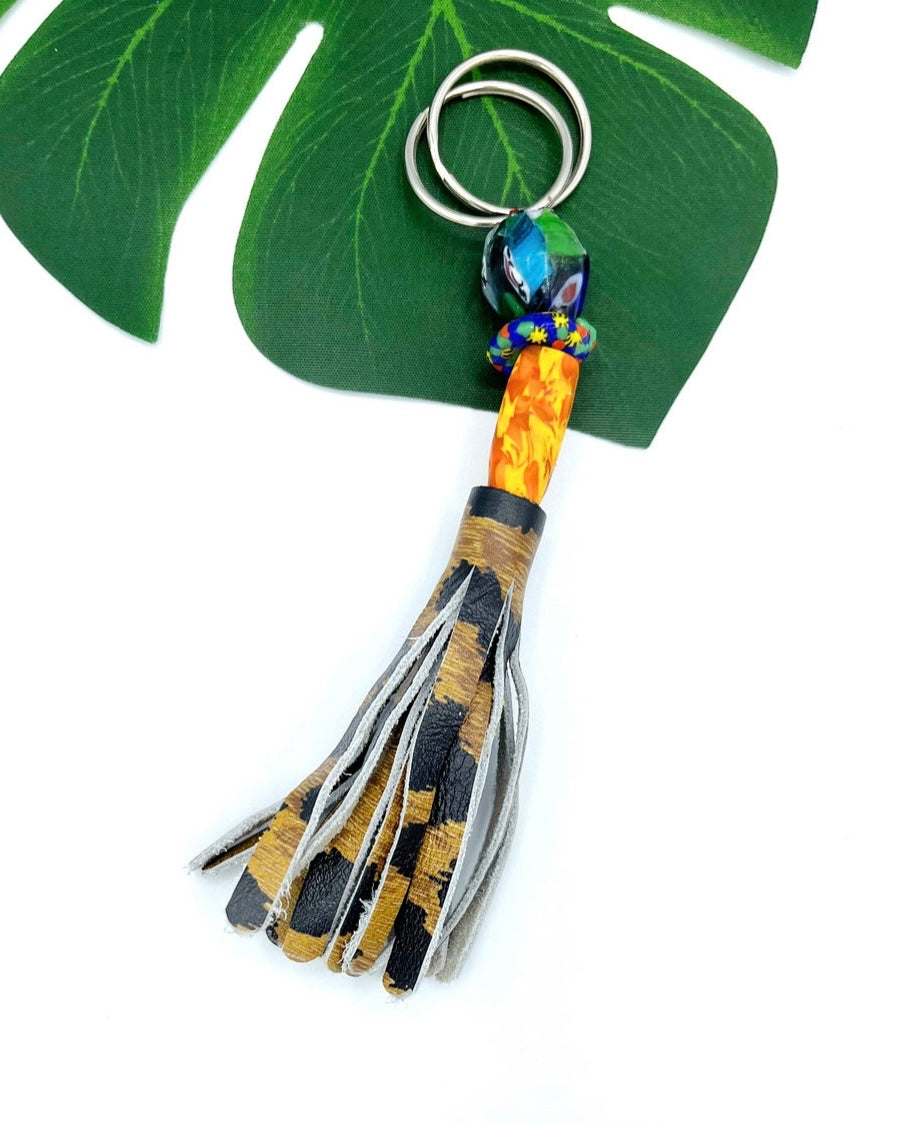 Elubo Recycled Beads Brass Leather Keychain