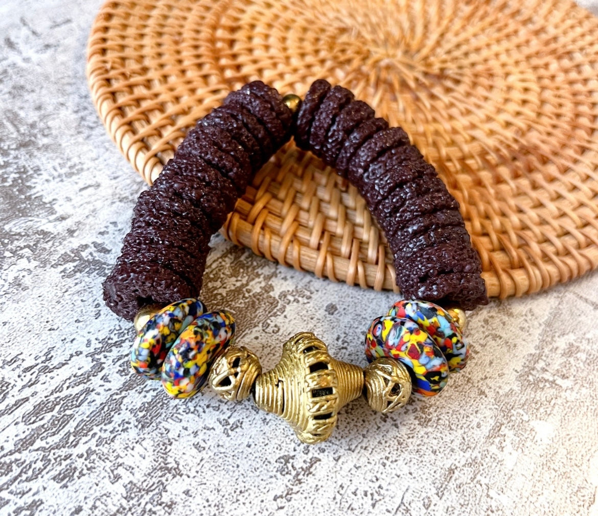 Asante Krobo Sugar Crust Glass Beads Ashanti Brass Bracelet