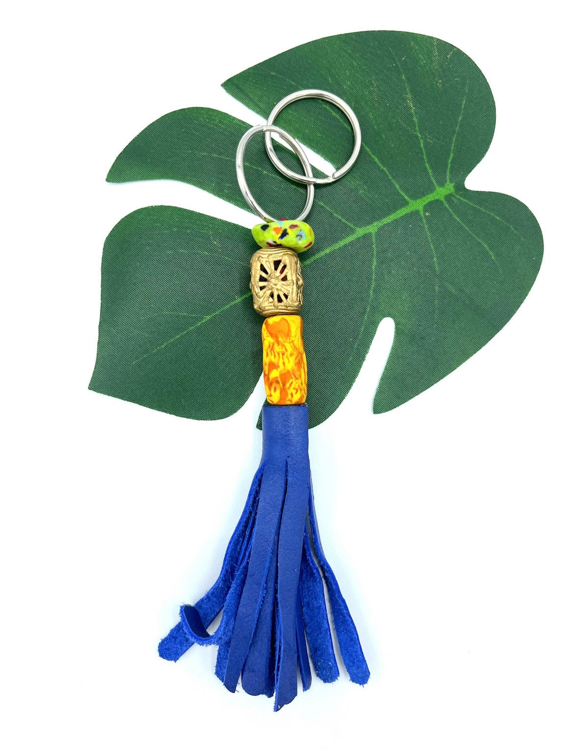Dambai Recycled Beads Brass Leather Keychain