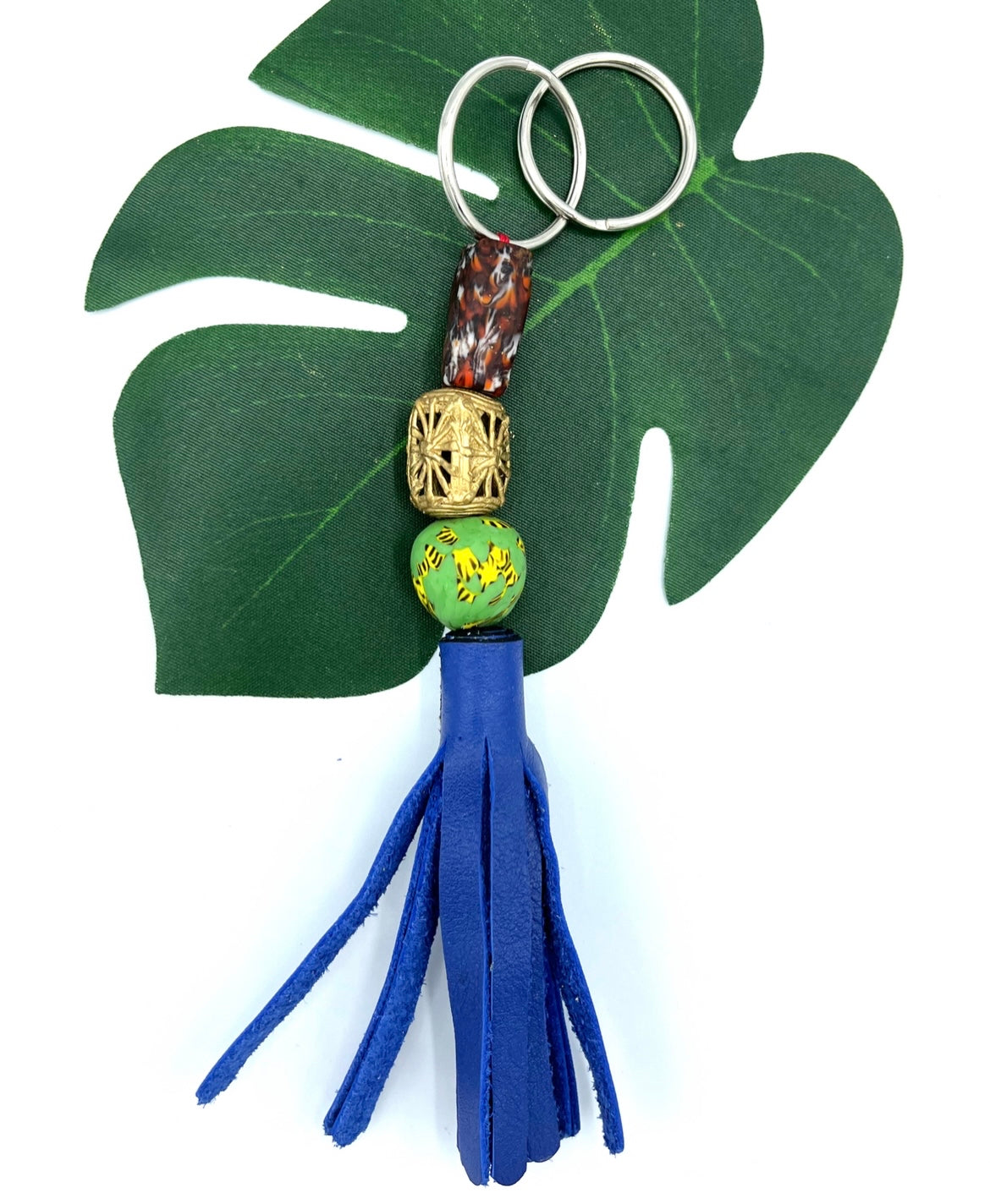 Dambai Recycled Beads Brass Leather Keychain