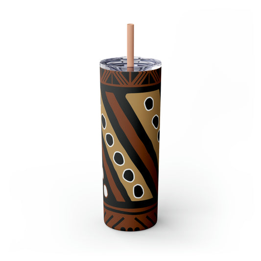20 oz Brown & Tan Mud Cloth Print Skinny Tumbler with Straw