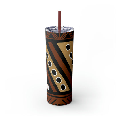 20 oz Brown & Tan Mud Cloth Print Skinny Tumbler with Straw