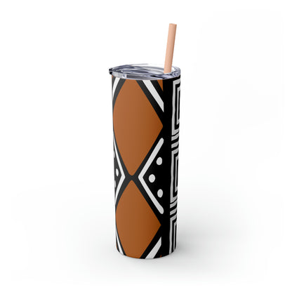 20 oz Black and Brown Mud Cloth Print Skinny Tumbler with Straw