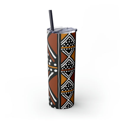 20 oz Brown & Black Mud cloth Print Skinny Tumbler with Straw