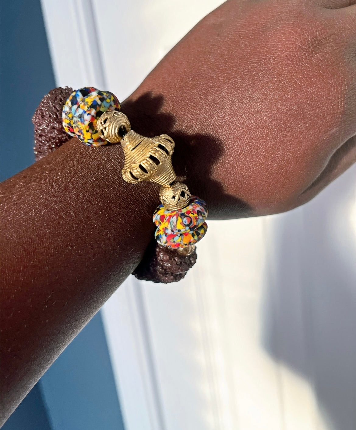 Asante Krobo Sugar Crust Glass Beads Ashanti Brass Bracelet