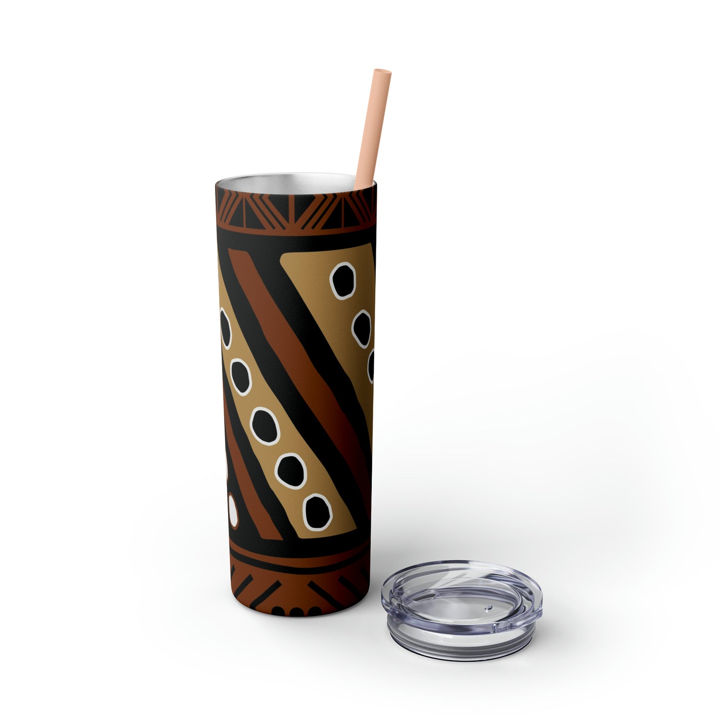 20 oz Brown & Tan Mud Cloth Print Skinny Tumbler with Straw