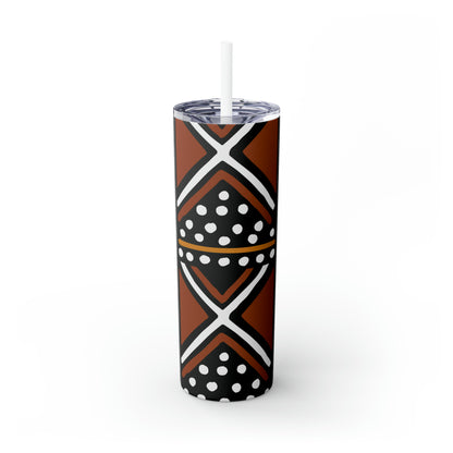 20 oz Brown & Black Mud cloth Print Skinny Tumbler with Straw