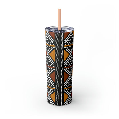 20 oz Brown & Black Mud cloth Print Skinny Tumbler with Straw