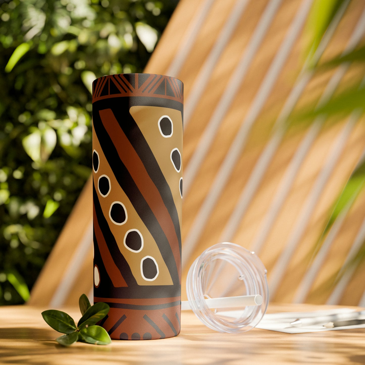 20 oz Brown & Tan Mud Cloth Print Skinny Tumbler with Straw