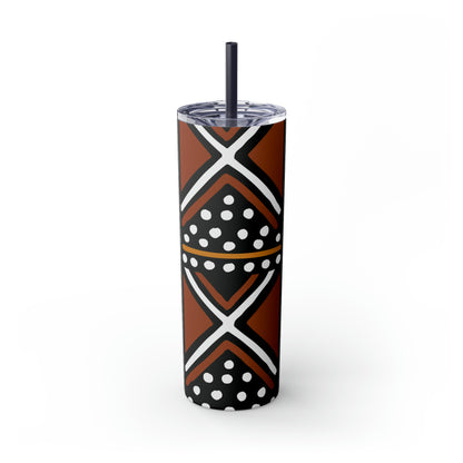 20 oz Brown & Black Mud cloth Print Skinny Tumbler with Straw