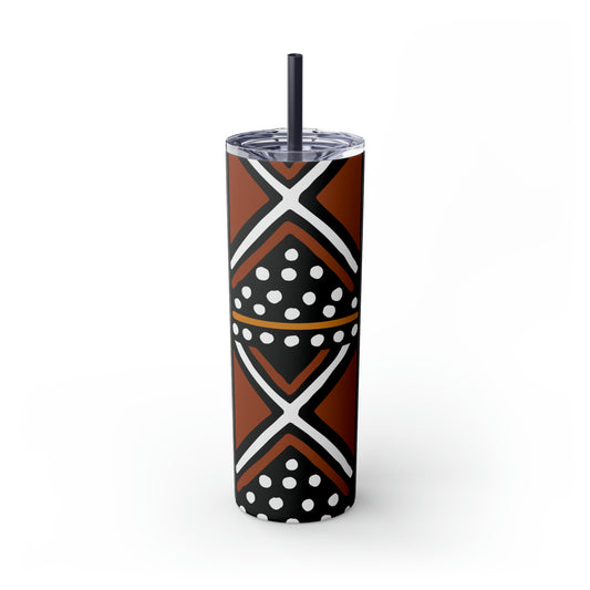 20 oz Brown & Black Mud cloth Print Skinny Tumbler with Straw