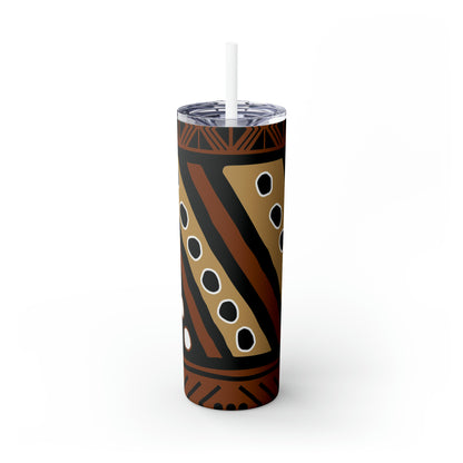 20 oz Brown & Tan Mud Cloth Print Skinny Tumbler with Straw