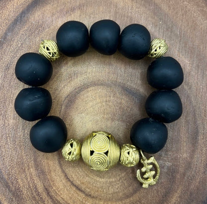 Gye Nyame Adinkra Charm Glass Beads Brass Bracelet