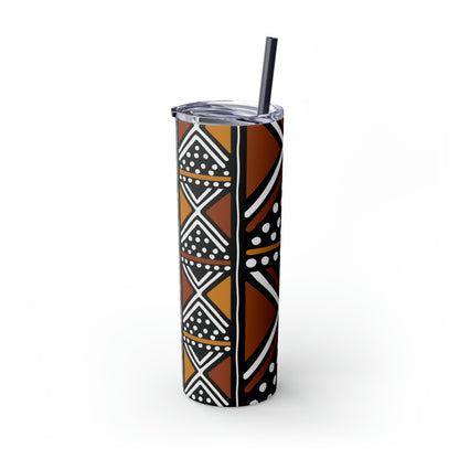 20 oz Brown & Black Mud cloth Print Skinny Tumbler with Straw