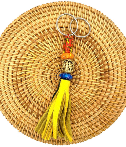 Akoma Recycled Beads Brass Leather Keychain
