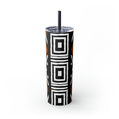 20 oz Black and Brown Mud Cloth Print Skinny Tumbler with Straw