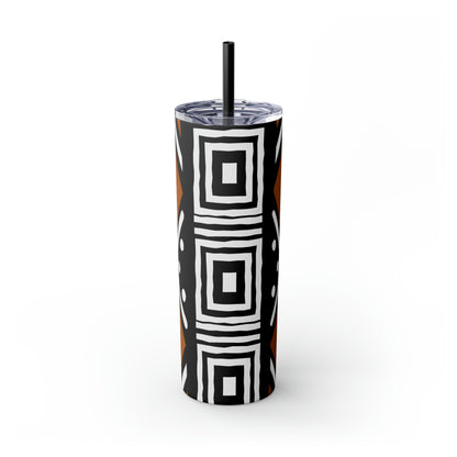 20 oz Black and Brown Mud Cloth Print Skinny Tumbler with Straw