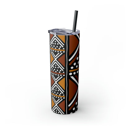 20 oz Brown & Black Mud cloth Print Skinny Tumbler with Straw