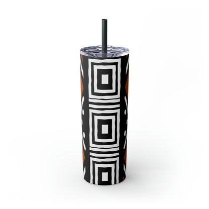 20 oz Black and Brown Mud Cloth Print Skinny Tumbler with Straw