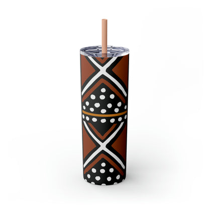 20 oz Brown & Black Mud cloth Print Skinny Tumbler with Straw