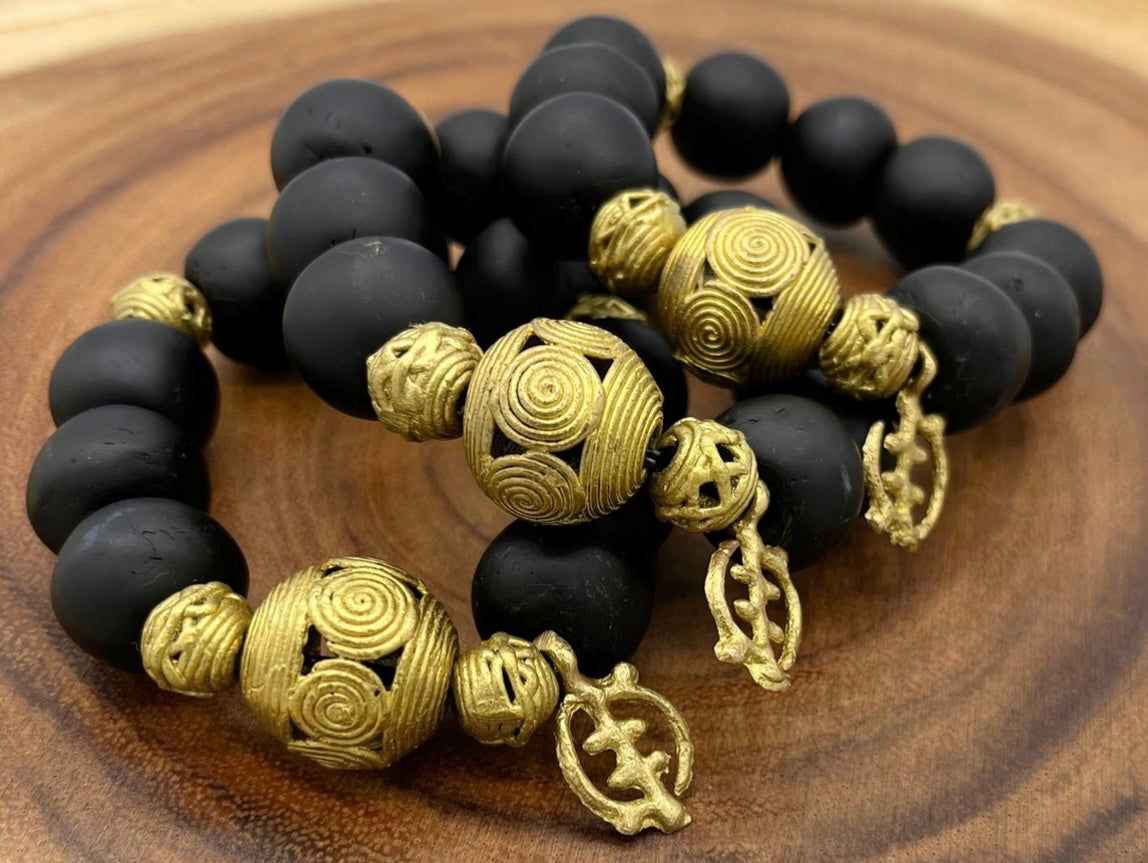 Gye Nyame Adinkra Charm Glass Beads Brass Bracelet