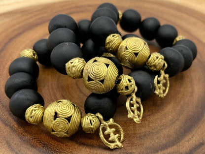 Gye Nyame Adinkra Charm Glass Beads Brass Bracelet