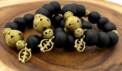 Gye Nyame Adinkra Charm Glass Beads Brass Bracelet