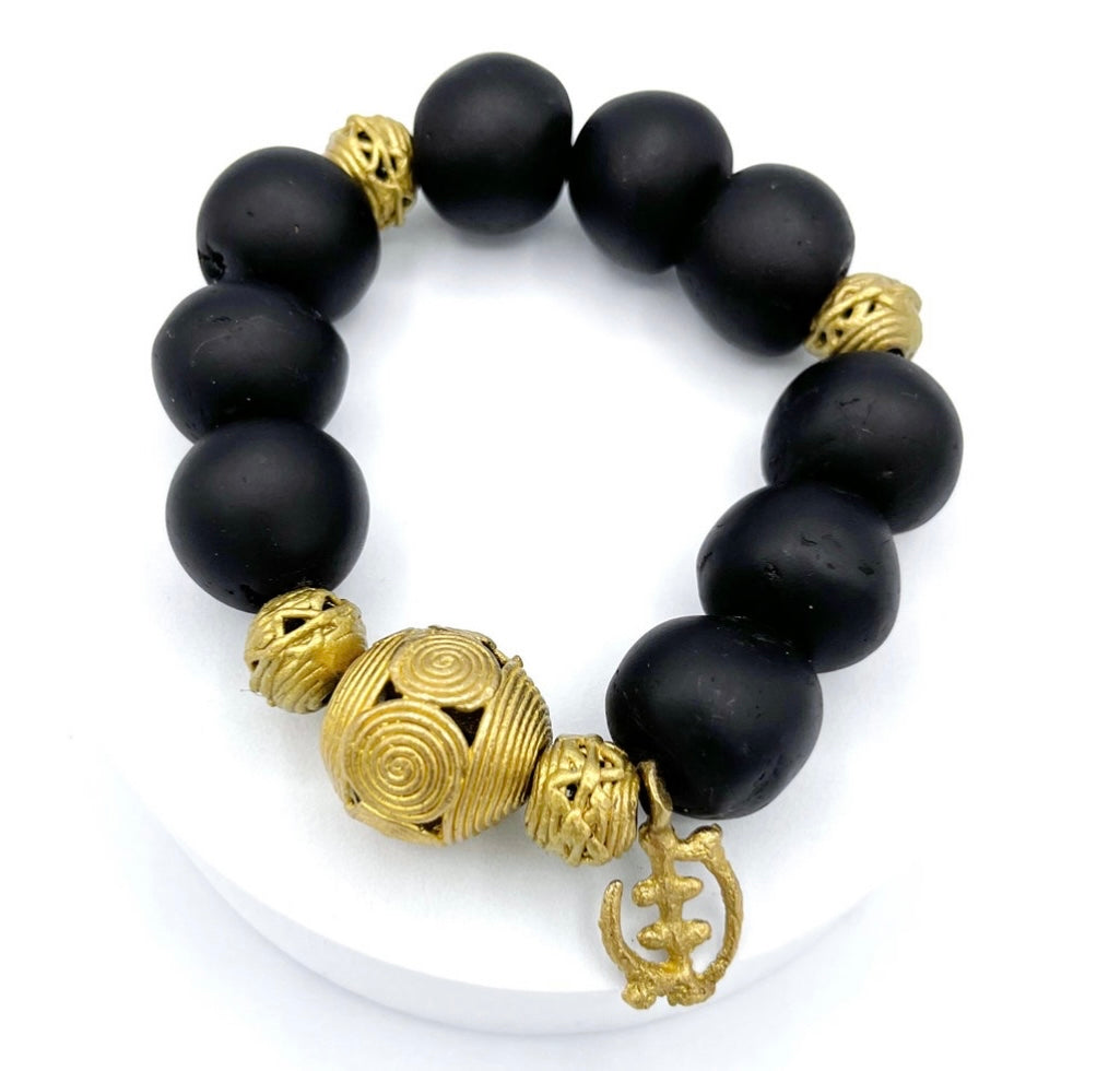 Gye Nyame Adinkra Charm Glass Beads Brass Bracelet