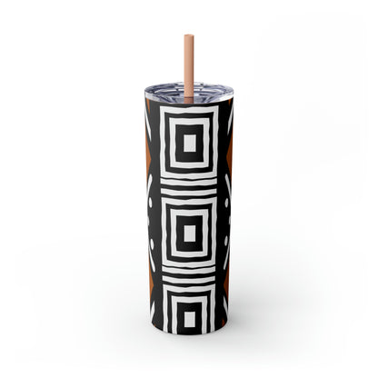 20 oz Black and Brown Mud Cloth Print Skinny Tumbler with Straw