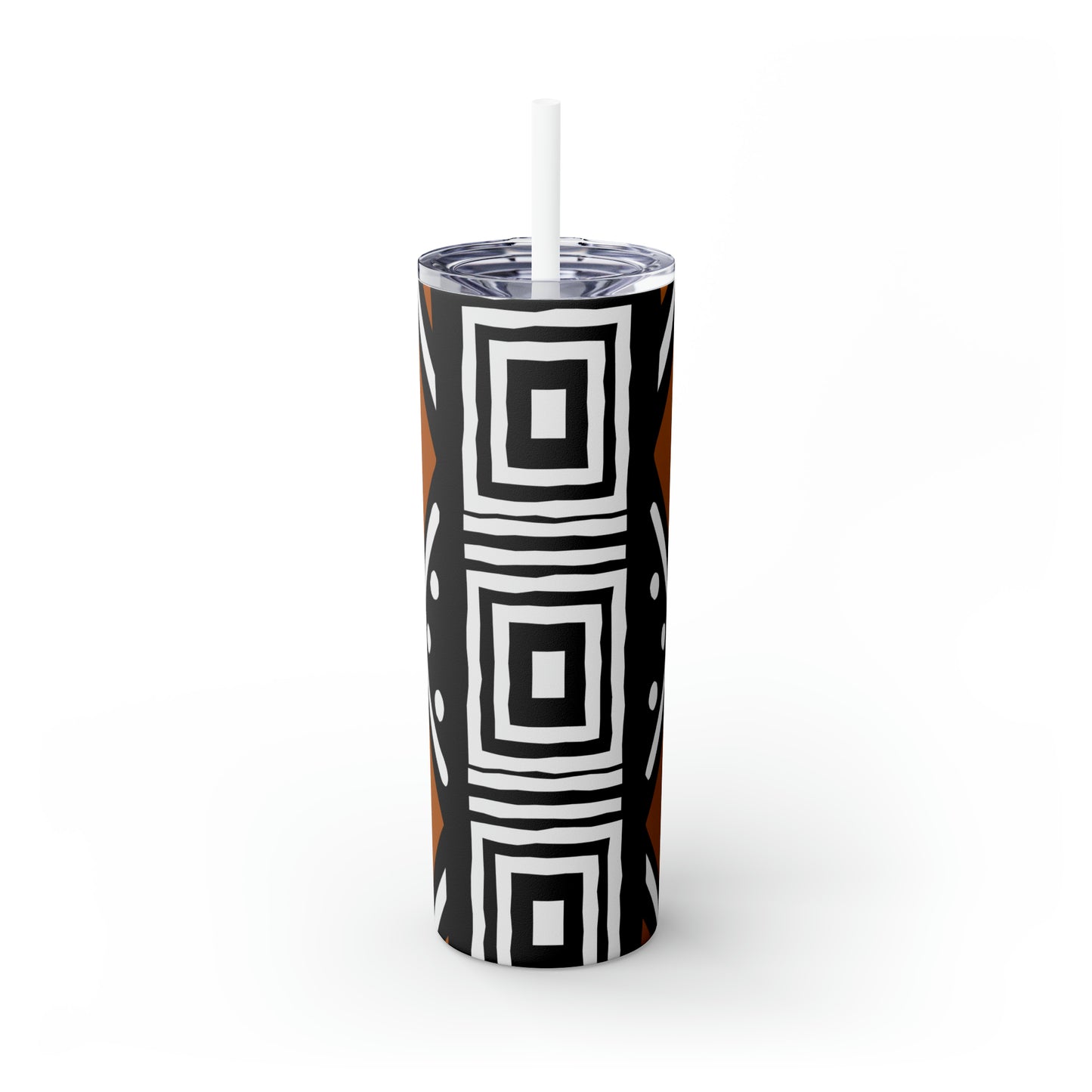 20 oz Black and Brown Mud Cloth Print Skinny Tumbler with Straw