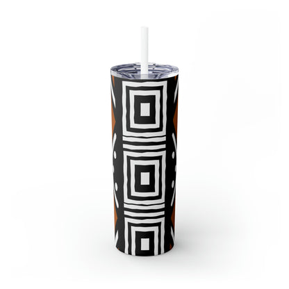 20 oz Black and Brown Mud Cloth Print Skinny Tumbler with Straw