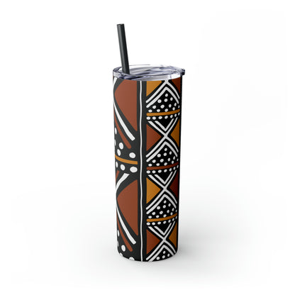 20 oz Brown & Black Mud cloth Print Skinny Tumbler with Straw
